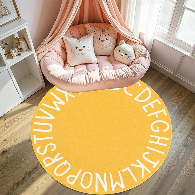 7ft Kids Circle Rug,ABC Rugs for Kids Playroom,Colored Alphabet Nursery Area Rug, Non-Slip Mat, Carpet Suitable Modern Home Decoration for Living Room Machine Washable Rugs, Anti-Slip Easy Clean