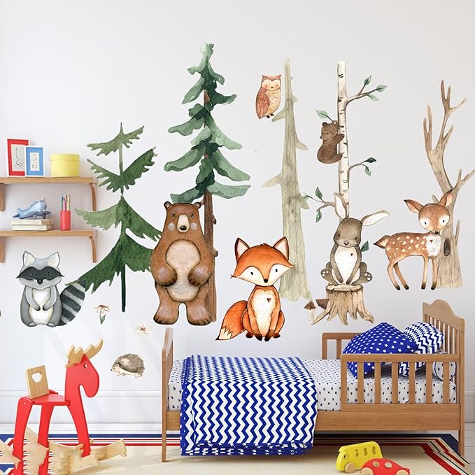 Large Woodland Animals Nursery Wall Decals,Watercolor Forest Tree Fox Deer Bear Wall Stickers,Peel and Stick Jungle Bedroom Room Decor for Nursery Baby Kids Boys