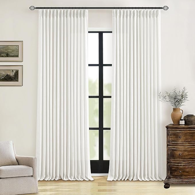 Beige White Linen Curtains 108 Inches Long 2 Panels Set for Living Room Neutral Boho Thick Linen Textured Pinch Pleated Memory Shape Light Filtering Ceiling Semi Sheer Window Curtain Hook Rings Ivory