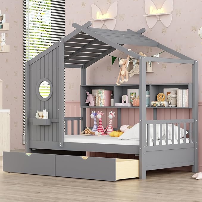 Bellemave Twin Size House Bed with Storage Drawers,Kids House Bed Frame with Shelves,Cute Wood House Bed Twin with Roof for Kids,Girls,Boys,Gray