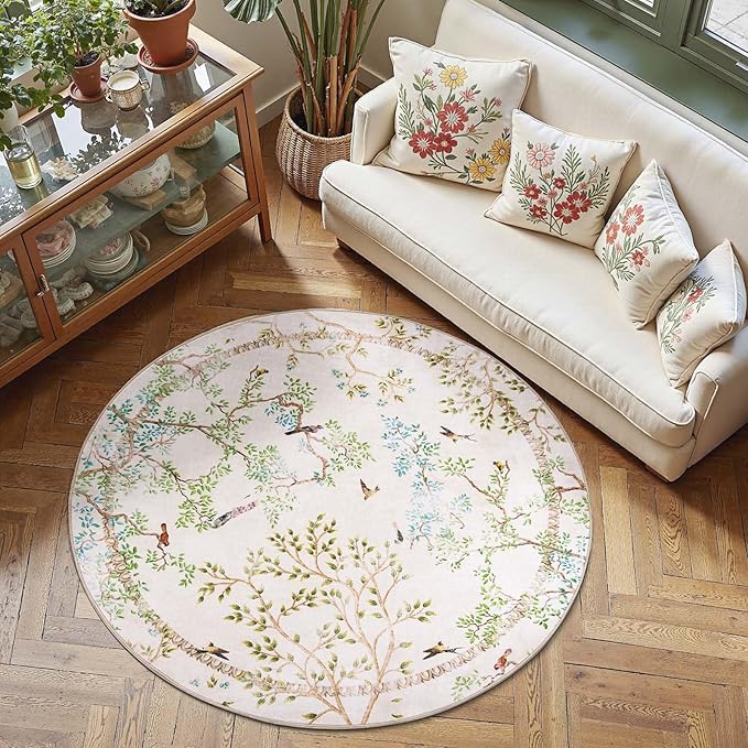 jinchan Yarden Round Rugs 5ft Ivory Botanical Birds Print Machine Washable 5' Circle Nature Plants Modern Soft Non Slip Throw Area Rugs Ultra Thin Low Pile Carpet for Entryway Bedroom Kids Room