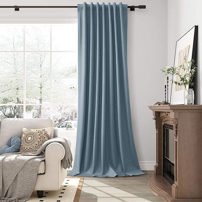 Guken Blue Linen 100% Room Darkening Curtains 96 Inches Long Textured Farmhouse Back Tab Hook Belt Black Out Insulated Door Soundproof Living Room Bedroom Nursery 2 Panels Set 52x96 8Ft