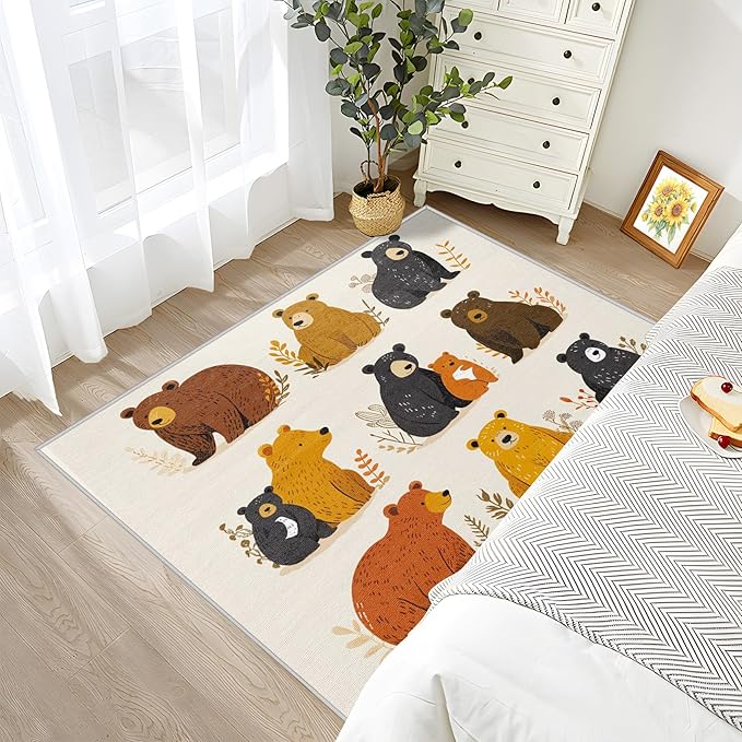 Bear Rug for Nursery - 5x6 Cute Cartoon Area Rug - Kids Boys Wild Animal Carpet - Home Decor
