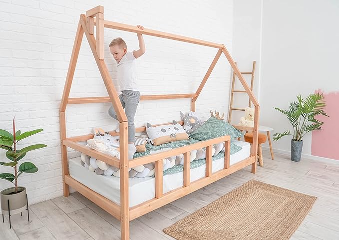 Montessori House Bed - Toddler Bed with Rails - Playpen Bed for Kids Girls & Boys - Busywood Montessori Floor Bed - Kids Bed with Slats - Small, Twin, Full, Queen, King - 7 Colors (Model 1)