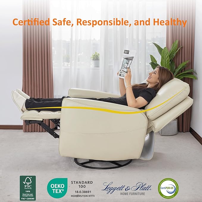 MCombo Power Swivel Rocker Recliner with Lumbar Support, Faux Leather Electric Nursery Glider Recliner Chair for Living Room, 6922 (Cream White)