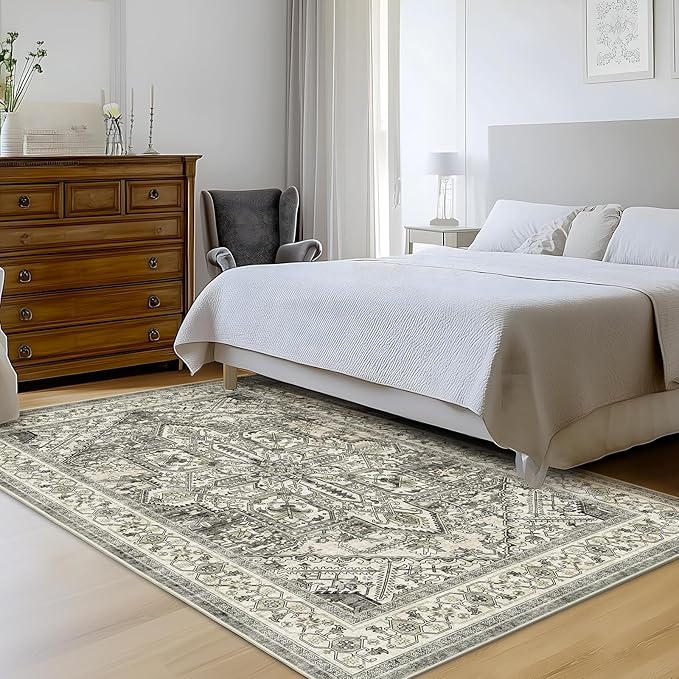 WITSHOCK Living Room Area Rugs 6x9: Washable Rug Boho Soft Non-Slip Low Pile Stain Resistant Foldable Carpet for Bedroom Playroom Dining Room Office Kitchen Farmhouse Home Decor Rug-Brown/Lvory