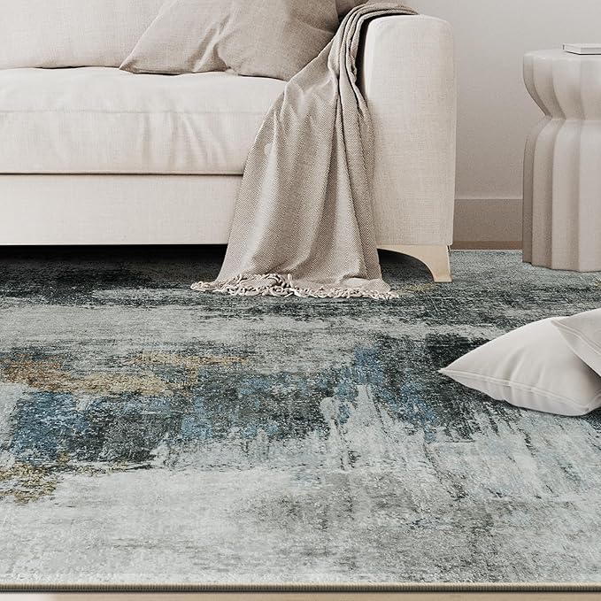 6x9 Area Rugs for Living Room Rug Washable: Abstract Rug for Dining Room Bedroom Carpet Non Slip 6 by 9 Indoor Modern Nursery Home Office Black Gold