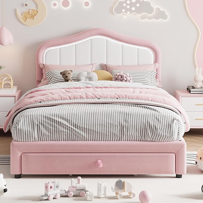 GarveeHome Upholstered Twin XL Bed Frame with Led Lights and Storage Drawer, Velvet Led Bed Frame with Headboard for Kids, Girls, Boys, No Box Spring Needed, Wooden Slats, Noise Free, Pink