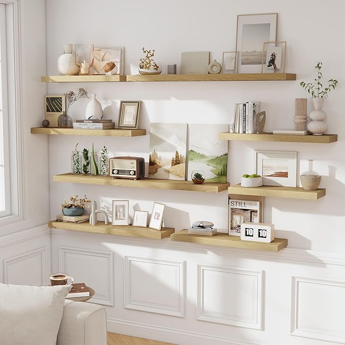 Fun Memories Floating Shelves for Wall, 32W x 8D Floating Wall Shelves with Invisible Brackets Set of 2, Hanging Rustic Wood Shelf Decoration for Bedroom, Bathroom, Living Room and Kitchen, Oak