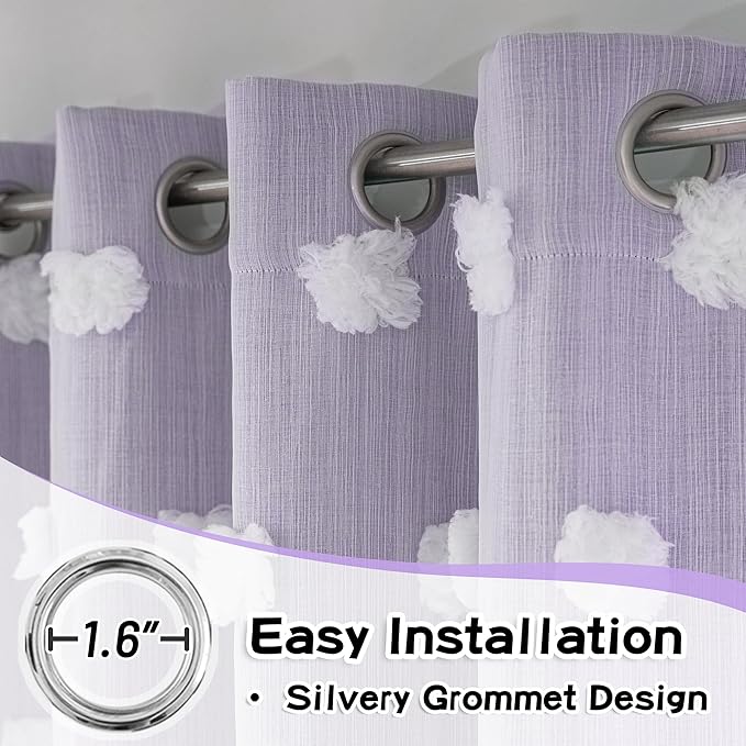 MYSKY HOME Light Blocking Lilac Curtains for Living Room White Sheer Pom Pom Kids Room Decor Drapes 102 Inches Long Double Layer Curtain for Sliding Door Grommet Window Panels Set of 2 52" x 102"