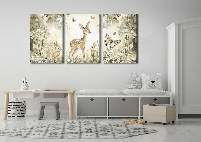 3Pcs Woodland Animal Nursery Canvas Wall Art Cute Forest Animal Wall Decor Pictures Deer and Butterfly Wildflowers Posters Prints for Nursery Bedroom Kids Room Home Decoration Prepare to Hang 12X16in