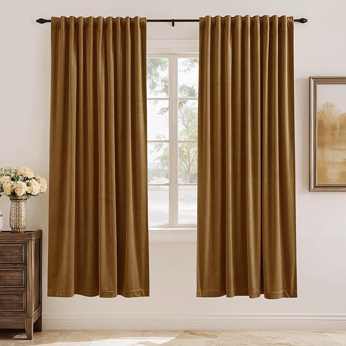 StangH Velvet Curtains Gold Brown Thermal Insulated Room Darkening Drapes for Bedroom Living Room Home Theater Decorative Privacy Protect Window Treatment with Back Tab, Set of 2, 52x72 Inches