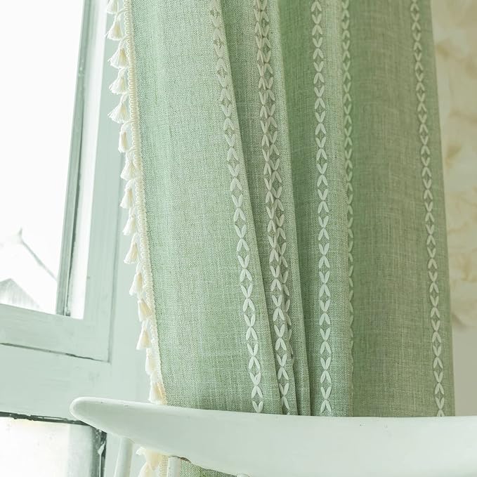 Deeprove Green Boho Curtains 84 Inches Long for Bedroom Living Room, Cotton Linen Weighted Stripes Embroidery, Semi Blackout Bohemian Farmhouse Window Treatment Drape Tassels 1 Panel W52 x L84 Sage