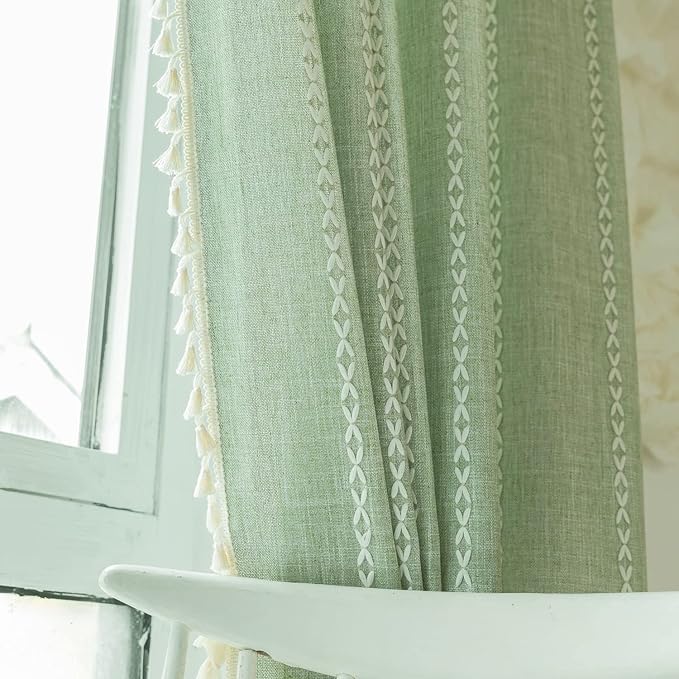 Deeprove Green Boho Curtains 96 Inches Long for Bedroom Living Room, Cotton Linen Stripes Embroidery Weighted, Vintage Bohemian Farmhouse Window Treatment Drape Tassels 1 Panel W52 x L96 Sage