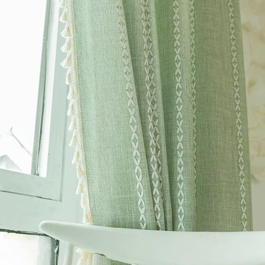 Deeprove Green Boho Curtains 108 Inches Long for Bedroom Living Room Balcony, Bohemian Embroidery Cotton Linen French Country Window Treatment Tassel Drape Extra Long, W52 x L108 1 Panel, Sage