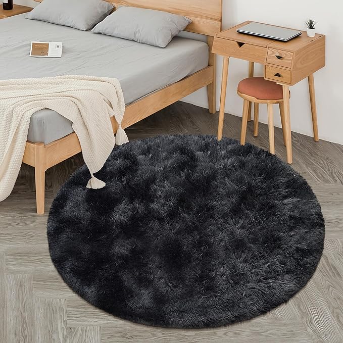 4 ft Round Fluffy Black Rug for Bedroom,Tie Dyed Furry Round Carpet Non Slip Fuzzy Shaggy Plush Circle Area Rug for Living Room Teen's Room Nursery Room Playroom Kids Room Home Decor Washable