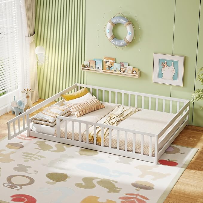 KOMFOTT Full Size Wood Floor Bed with Door & Fence, Montessori Bed Frame with Full Length Safety Guardrails, Door & Latch, Wooden Montessori Floor Bed for Kids, Girls, Boys (Full,White)