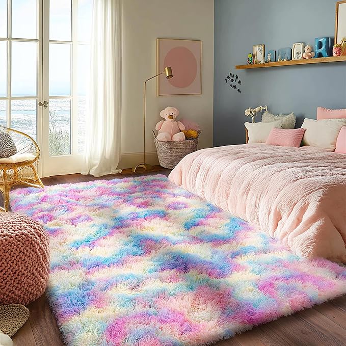 Rainbow Rug for Girls Bedroom, 4x6 Area Rug for Cute Girls Room, Bedside Indoor Floor Fluffy Shag Carpet, Plush Soft Rug for Living Room Nursery Dorm Home Decor