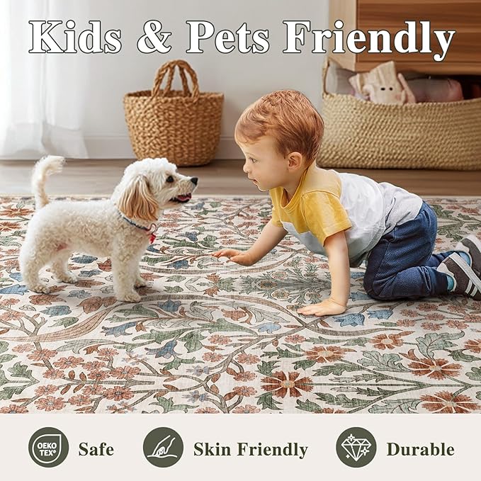 6x9 Washable Area Rug for Living Room, Floral Non-Slip Non-Shedding & Easy Care, Soft Low Pile Botanical Indoor Floor Carpet for Living Room, Bedroom, Farmhouse, Dining Room, Kids Playroom, Beige