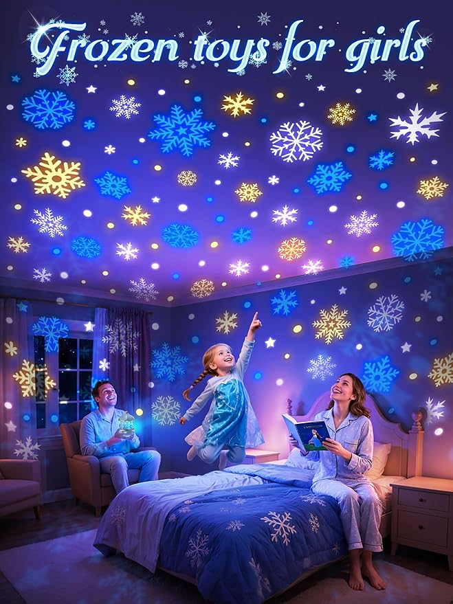 Snow Night Light for Kids, 15 White Noise+16 Films+336 Colors Star Projector for Kids, 360°+Remote+Cordless Baby Night Light Projector, Princess Toys for Girls Room Decor Light Up Christmas Decor