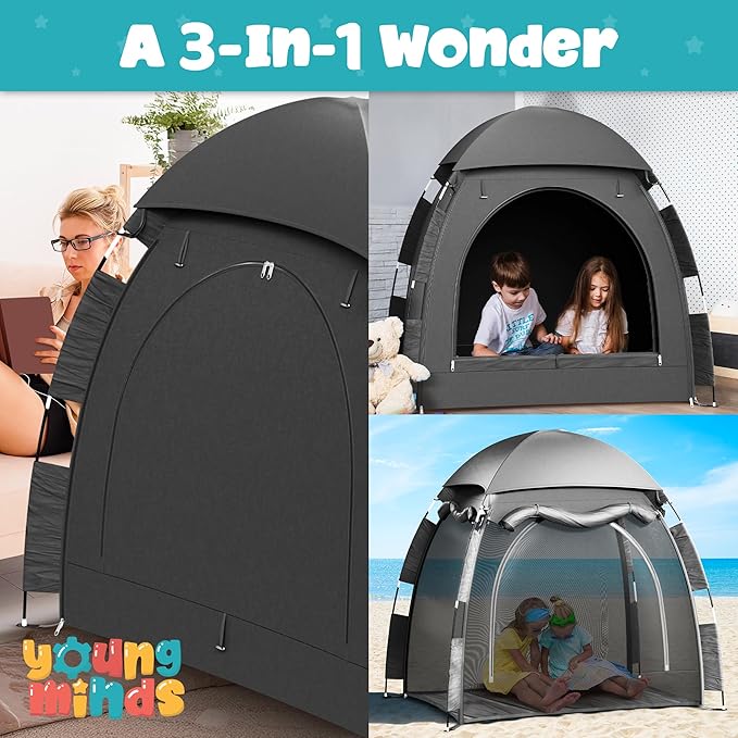 YoungMinds Blackout Baby Crib Tent - Waterproof Sleep Pod Fits for Travel Pack and Play, Milk Silk Fabric, Kids Black Out Cover Mosquito Net Tent with Toy Holder, Pack N Play Canopy Blocks Light