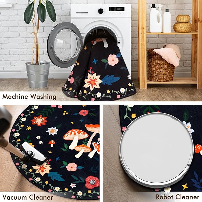 6' Machine Washable Round Area Rug, Non-Slip Vintage Floral Circle Floor Rugs for Kids, Low Pile RoomCarpet for Living Room, Bedroom, Dining Room & Nursery(6' Black Mushroom)