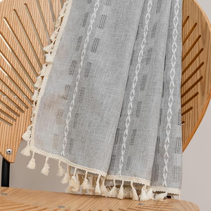 Deeprove Silver Grey Boho Curtain 72 inches Length for Bedroom Laundry Room Bathroom Antique Bohemian Light Gray Sheer 72 inches Long Stripe Embroidery Privacy Window Tassel Decor W52 x L72, 1 Panel