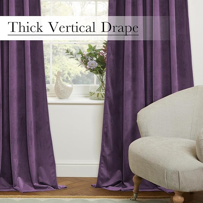 StangH Lavender Velvet Curtains, Room Darkening Thermal Insulated Drapes for Bedroom Living Room, Soft Velvet Window Treatment with Rod Pocket Back, 52x108 inches, 2 Panels
