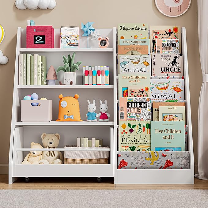 IRONCK Kids Bookshelf and Toy Storage, 42" Wide Large Toddler Bookshelf with Movable Drawer and 5 Sling Pockets, Montessori Book Shelf for Kids Rooms-White