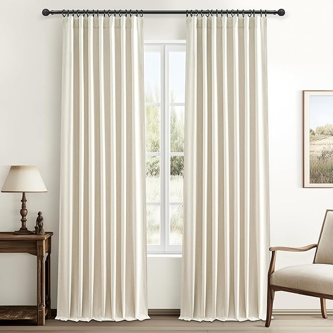 Warm Cream Thick Linen Black Out Curtains 100 Inch Long for Living Room 2 Panels Set, Farmhouse Pleated Room Darkening Window Drapes Insulated Privacy for Kids Bedroom 50"W x 100"L (Rod Pocket)