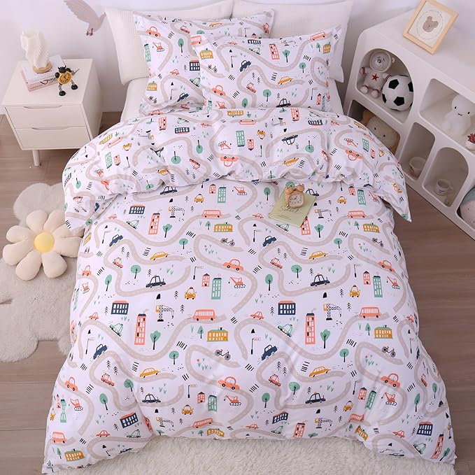 JSD Kids Duvet Cover Set Queen Size, 3 Piece Cars Printed Microfiber Comforter Cover with Pillow Sham Zipper Closure, Comforter Not Included