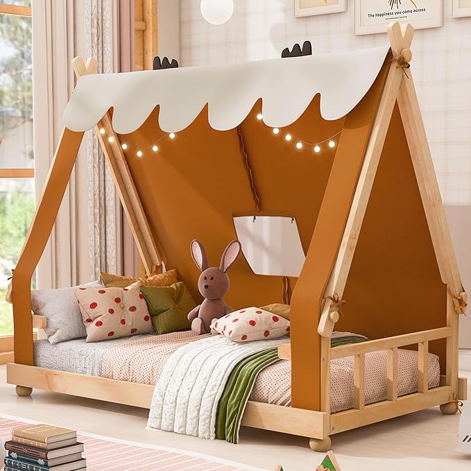 Twin Size Floor Bed with Tent and Light, Wooden Montessori Bed Frame with Roof Design, Low Profile Beds for Kids, Boys and Girls, Brown