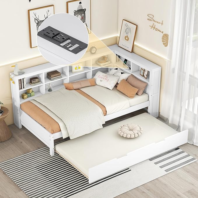 Harper & Bright Designs Twin Size Daybed with Trundle and Charging Station, Wooden Twin Storage Bed Frame with L-Shaped Bookcases, Twin Platform Bed with Shelves for Kids Girls Boys, White