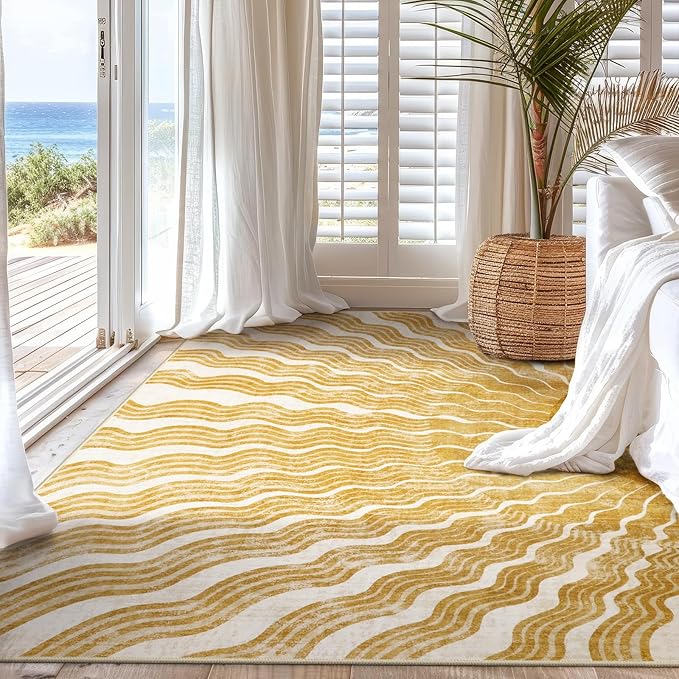 Boho Washable Rugs 5x7, Sun Print Soft Nursery Rug for Bedroom Classroom, Ultra-Thin Non Slip Stain Resistant Kids Carpet for Living Room Office(5'x 7',Gold/Multi)