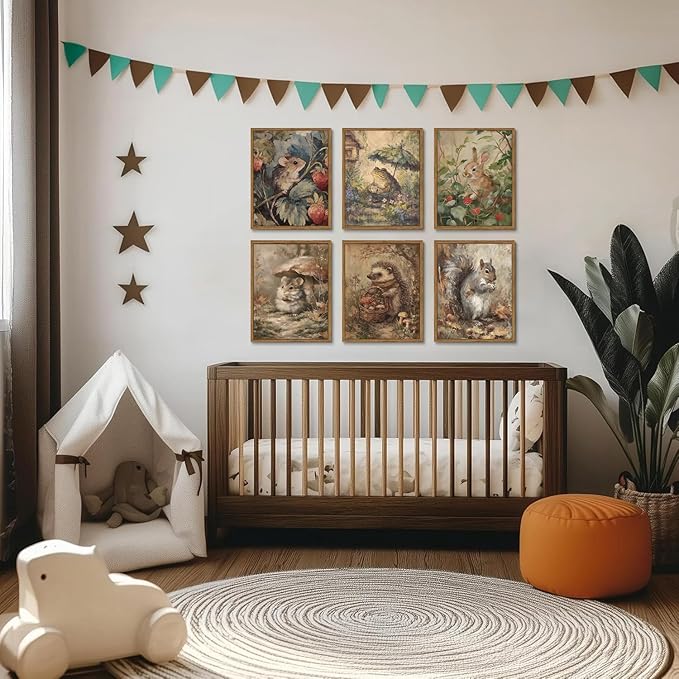 6 Pcs Woodland Animal Nursery Canvas Wall Art Vintage Forest Animal Nursery Paintings Posters Rustic Cottagecore Bunny Pictures for Gallery Kids Room Girls Boys Home Decoration (8x10inch Unframed)