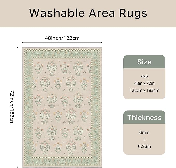 GENIMO 4x6 Vintage Floral Area Rug, Soft Microfiber Washable Rug with Non-Slip Backing, Green Carpet for Living Room, Bedroom and Dining Room