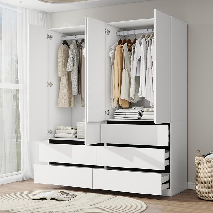 White Armoire Wardrobe Closet with 2 Doors, 75" Bedroom Wardrobe Closet for Hanging Clothes, Modern Wood Storage Closets Cabinet with System (A+B, 63")
