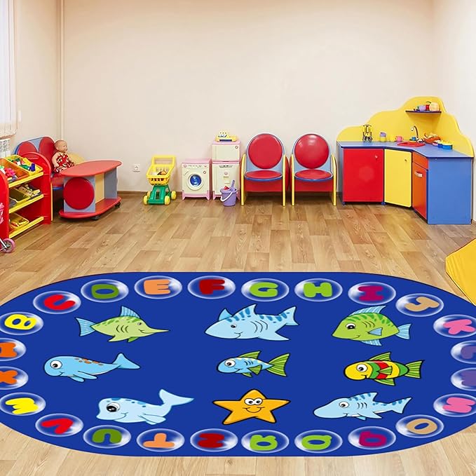 Alphabet ABC Kids Rug 4x5ft - Non-Slip Washable Cartoon Animal Ocean Carpet for Playroom, Preschool & Nursery - Educational Floor Mat for Toddlers Boys Girls
