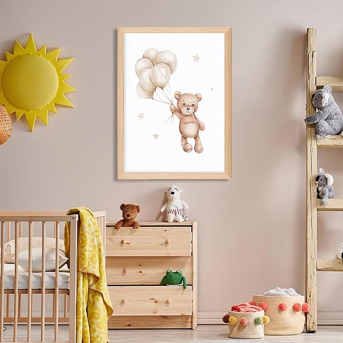 Framed Teddy Bear Wall Art Nursery Decor Set of 3, Bear Sleeping on The Moon and Stars Pictures Canvas, Neutral Bears Poster Prints Wall Decor for Kids Baby Room Girls Children Room – 12x16 inch