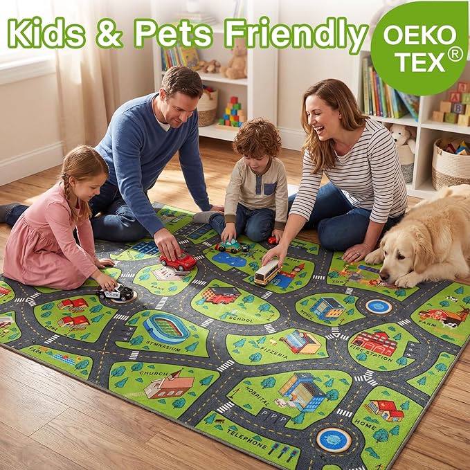 Merelax 6x9 Kids Car Area Rug, Green Grey Area Road Rugs for Living Room Playroom Classroom Bedroom, Non Slip Kids Play mat, Washable Rug, Educational City Traffic Map Fun Car Carpet for Ages 3-12