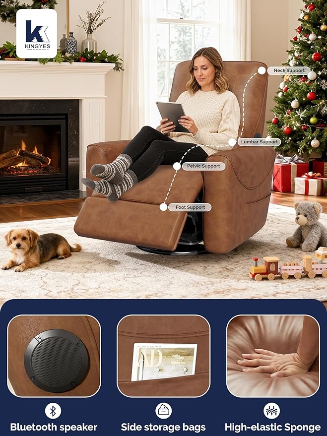 KINGYES Swivel Power Recliner, Glider Rocking Chair for Nursery, 270° Swivel Nursery Rocking Chair, Bluetooth Speaker & USB-C Port, Faux Leather Single Recliner Sofa for Breastfeeding, Brown