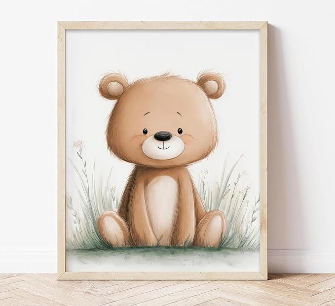 3Pcs Cute Bear Nursery Wall Art Cute Animals Flower Painting Picture Wall Decor Boho Teddy Bear Poster Print Artwork for Children Room Baby Room Nursery Boy Room Girl Room Home Decoration