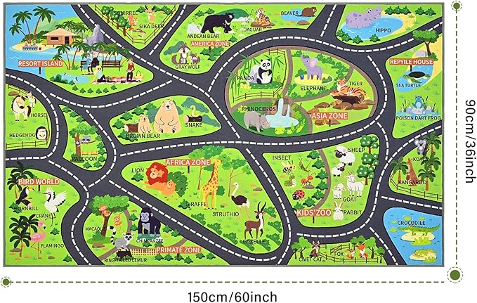 Zoo Adventure Kids Rug, Cute Animal Play Mat with Non-Slip Backing, Kids Carpet with Lions, Tigers & Giraffes for Educational and Fun Playtime, 60"x36"