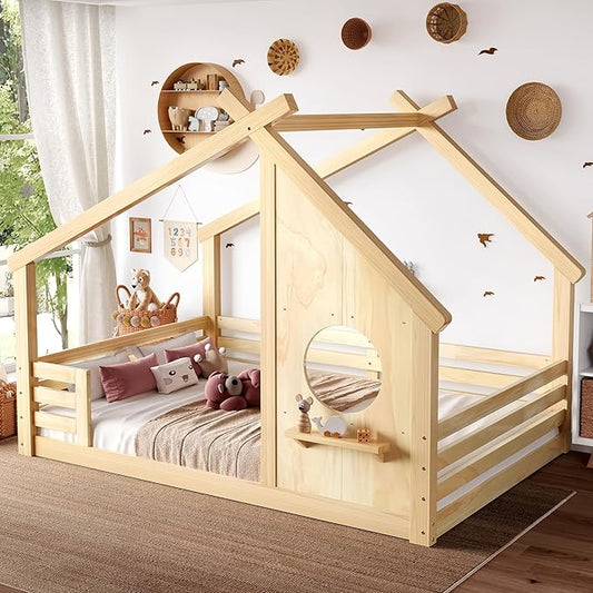 Polibi Full Size Floor Bed with House-Shaped Roof,Window and a Small Shelf, Solid Wood Low Profile Floor Bed for Kids, No Box Spring, Natural