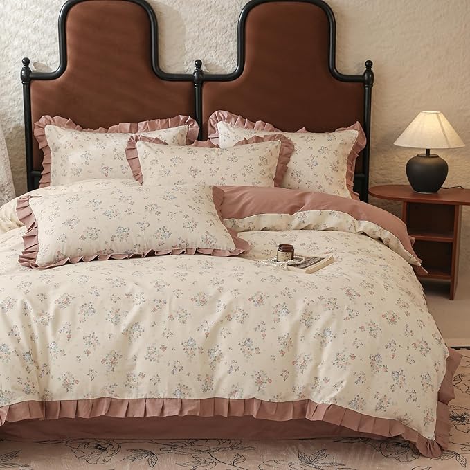 LifeTB Vintage Flower Duvet Cover Set Queen Romantic Girls Ruffle Comforter Cover Princess Lace Bedding Set 100% Cotton Girls Floral Duvet Cover with 2 Pillowcases Botanical Cottagecore Bedding Set