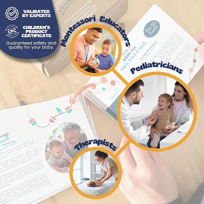 Montessori Baby Activity Cards 0-12 Months | 40+ Creative Playtime Activities to Stimulate Development for Babies| Includes High Contrast Cards and Tummy Time Mirror| Baby Must Haves| New Parent Gift