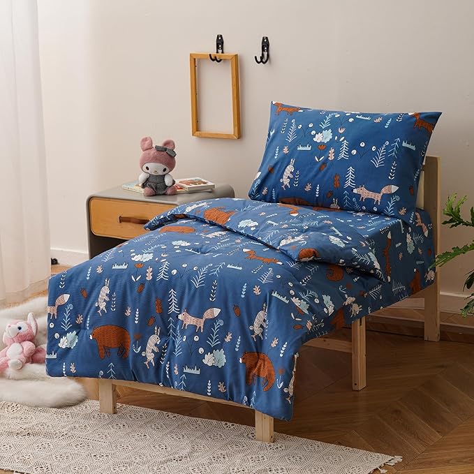 KAREVER Cartoon Toddler Bedding Set Bear Fox 4 Pieces Crib Bed Set Kids Navy Blue Animal Print Comforter Set