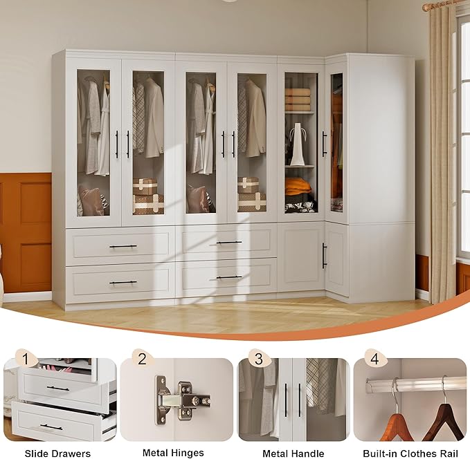 White Armoire Wardrobe Closet with 6 Door: Combination Corner Wood Wardrobe Closet Bedroom Armoire 4 Drawer with Hanging Rods for Home/Bedroom/Living Room