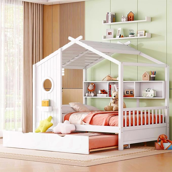 Full Size House Bed with Roof and Window for Kids, Wooden Playhouse Bed with Storage Shelves and Trundle for Bedroom Furniture Girls & Boys (White/T2)