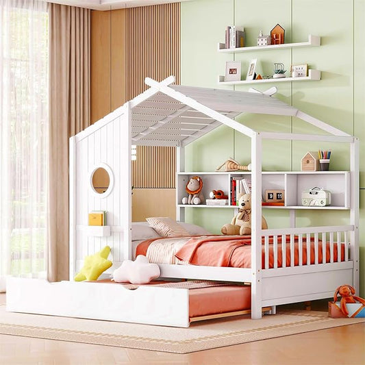 Full Size House Bed with Roof and Window for Kids, Wooden Playhouse Bed with Storage Shelves and Trundle for Bedroom Furniture Girls & Boys (White/T2)